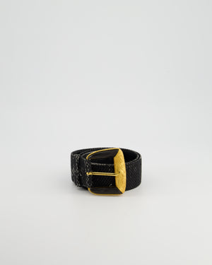 Saint Laurent Rive Gauche Vintage Black Canvas & Leather Textured Belt With Large Black & Gold Buckle Size 70cm