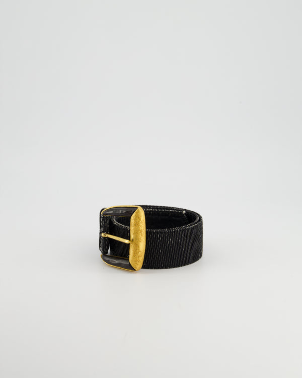 Saint Laurent Rive Gauche Vintage Black Canvas & Leather Textured Belt With Large Black & Gold Buckle Size 70cm