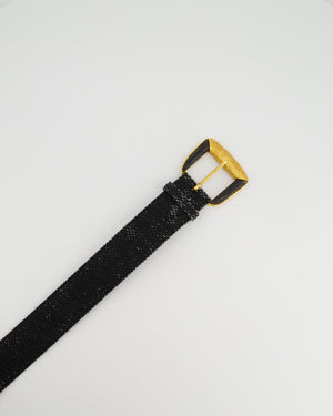 Saint Laurent Rive Gauche Vintage Black Canvas & Leather Textured Belt With Large Black & Gold Buckle Size 70cm