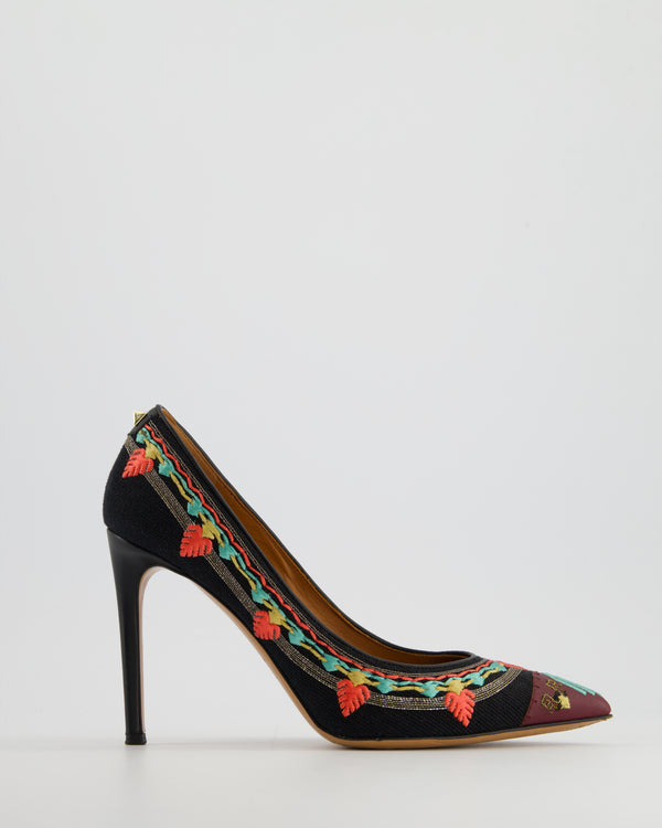 Valentino Black Multicolour Canvas Embellished Pointed Heel Shoes EU 37.5