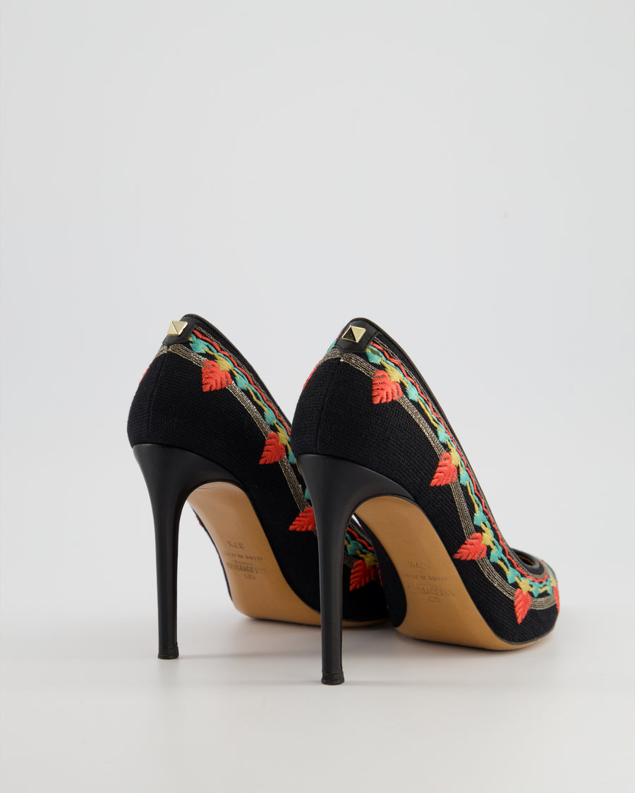 Valentino Black Multicolour Canvas Embroidered Pointed Heel Shoes EU 37.5