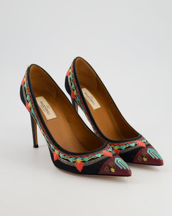 Valentino Black Multicolour Canvas Embellished Pointed Heel Shoes EU 37.5