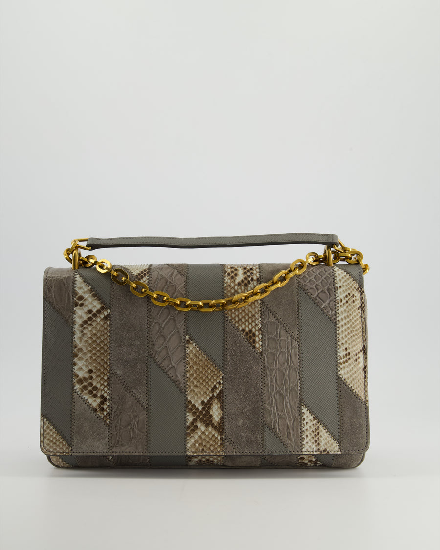 Prada Grey Suede, Python Patchwork Bag with Gold Chain