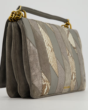 Prada Grey Suede, Python Patchwork Bag with Gold Chain