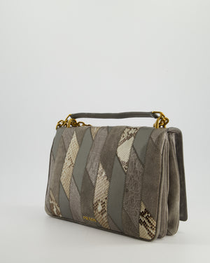 Prada Grey Suede, Python Patchwork Bag with Gold Chain