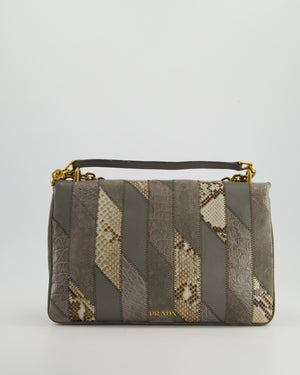 Prada Grey Suede, Python Patchwork Bag with Gold Chain