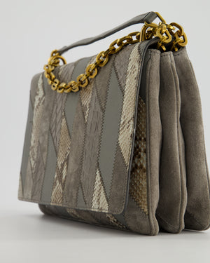 Prada Grey Suede, Python Patchwork Bag with Gold Chain