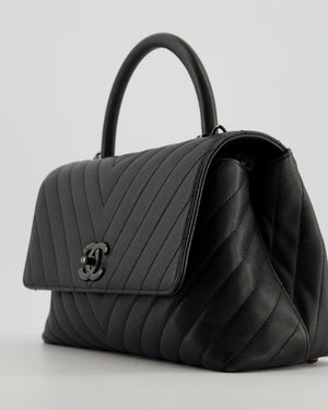 Chanel Medium Black Chevron Coco Top Handle Flap Bag in Caviar Leather with Black Hardware