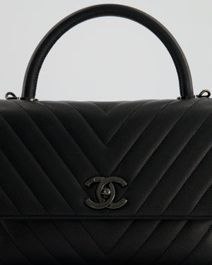 Chanel Medium Black Chevron Coco Top Handle Flap Bag in Caviar Leather with Black Hardware