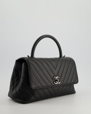 Chanel Medium Black Chevron Coco Top Handle Flap Bag in Caviar Leather with Black Hardware