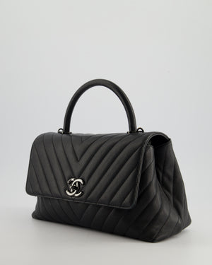 Chanel Medium Black Chevron Coco Top Handle Flap Bag in Caviar Leather with Black Hardware