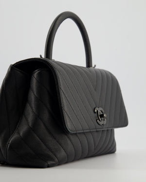 Chanel Medium Black Chevron Coco Top Handle Flap Bag in Caviar Leather with Black Hardware