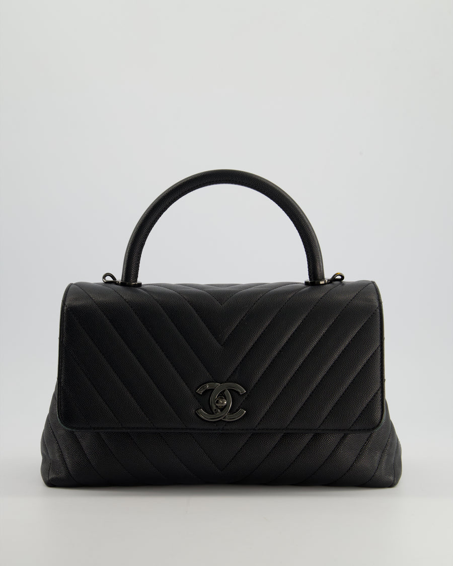 Chanel Medium Black Chevron Coco Top Handle Flap Bag in Caviar Leather with Black Hardware