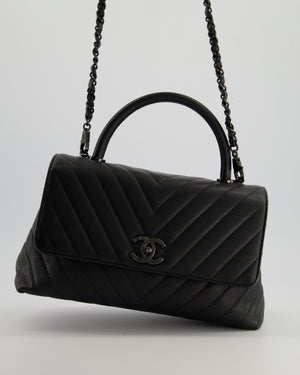 Chanel Medium Black Chevron Coco Top Handle Flap Bag in Caviar Leather with Black Hardware