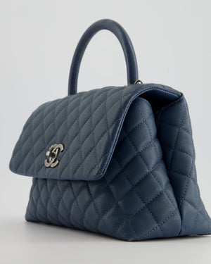 Chanel Medium Dark Blue Quilted Coco Top Handle Flap Bag in Caviar Leather with Ruthenium Hardware