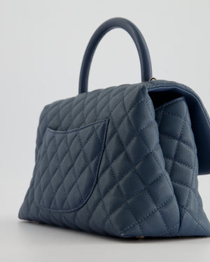 Chanel Medium Dark Blue Quilted Coco Top Handle Flap Bag in Caviar Leather with Ruthenium Hardware