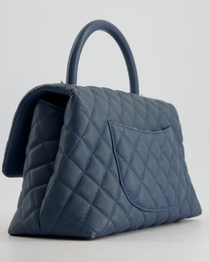 Chanel Medium Dark Blue Quilted Coco Top Handle Flap Bag in Caviar Leather with Ruthenium Hardware