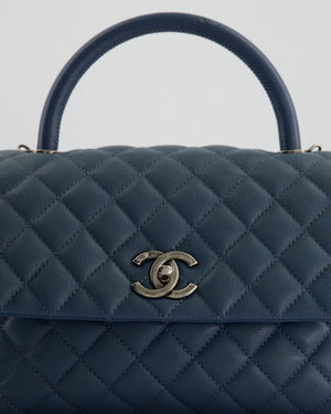 Chanel Medium Dark Blue Quilted Coco Top Handle Flap Bag in Caviar Leather with Ruthenium Hardware