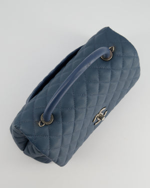 Chanel Medium Dark Blue Quilted Coco Top Handle Flap Bag in Caviar Leather with Ruthenium Hardware