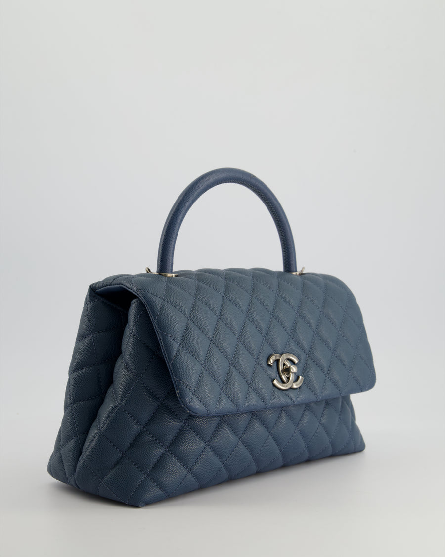 Chanel Medium Dark Blue Quilted Coco Top Handle Flap Bag in Caviar Leather with Ruthenium Hardware