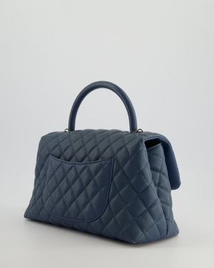 Chanel Medium Dark Blue Quilted Coco Top Handle Flap Bag in Caviar Leather with Ruthenium Hardware