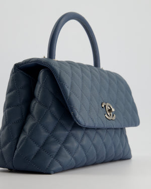 Chanel Medium Dark Blue Quilted Coco Top Handle Flap Bag in Caviar Leather with Ruthenium Hardware