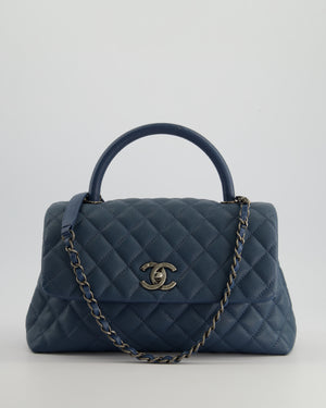 Chanel Medium Dark Blue Quilted Coco Top Handle Flap Bag in Caviar Leather with Ruthenium Hardware