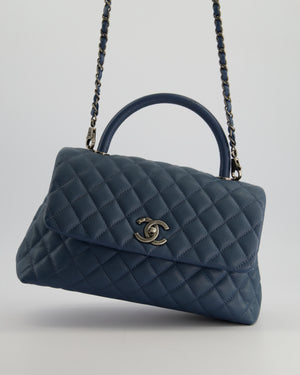 Chanel Medium Dark Blue Quilted Coco Top Handle Flap Bag in Caviar Leather with Ruthenium Hardware