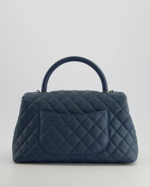 Chanel Medium Dark Blue Quilted Coco Top Handle Flap Bag in Caviar Leather with Ruthenium Hardware