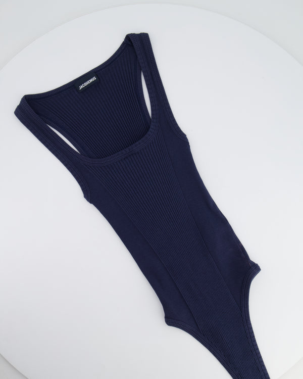 Jacquemus Navy Sleeveless Ribbed Bodysuit with Logo Detail FR 36 (UK 8) RRP £170