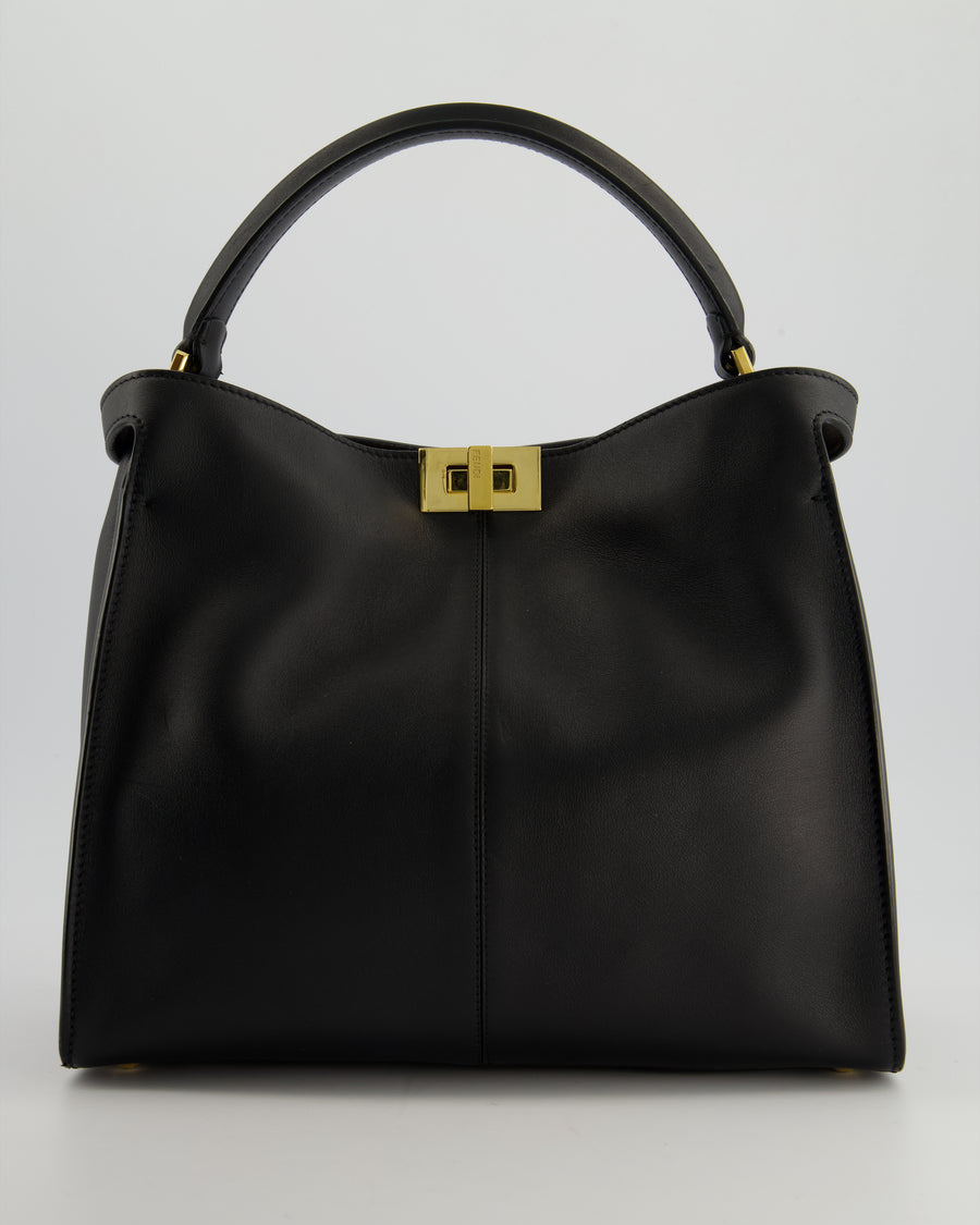 Fendi Medium Black Peekaboo X-Lite Leather Bag with Gold Hardware and Red & Brown Leather Interior