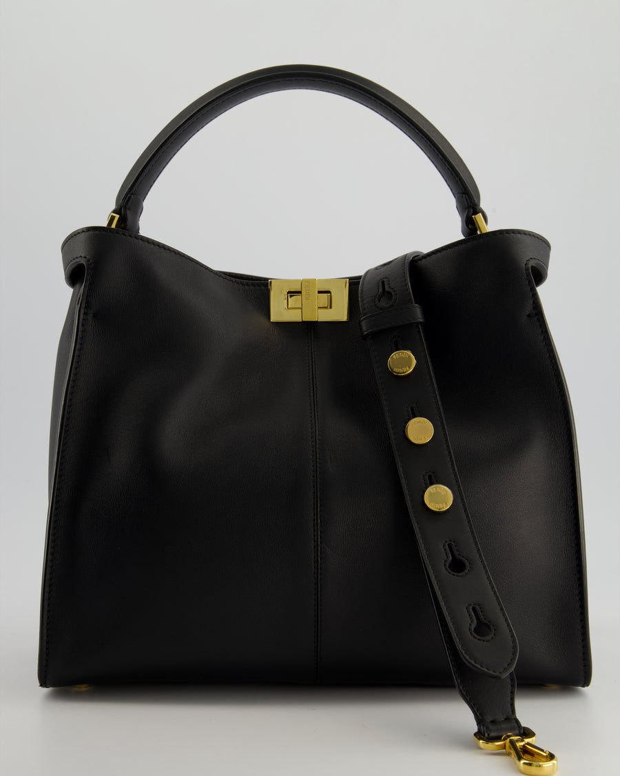 Fendi Medium Black Peekaboo X-Lite Leather Bag with Gold Hardware and Red & Brown Leather Interior