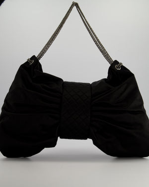 Chanel Black Large Satin Bow Reissue Shoulder Bag with Quilted Flap Detail and Silver Hardware