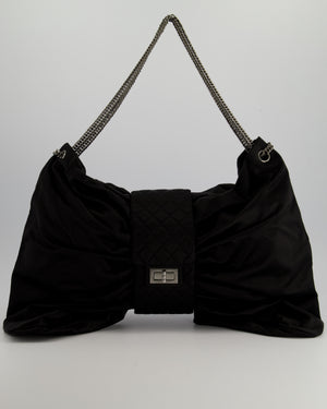 Chanel Black Large Satin Bow Reissue Shoulder Bag with Quilted Flap Detail and Silver Hardware