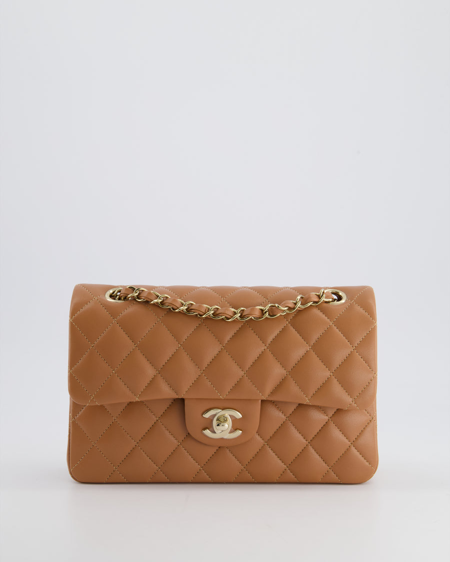 *SUPER RARE* Chanel 22S Caramel Brown Small Double Flap Bag in Lambskin Leather with Champagne Gold Hardware