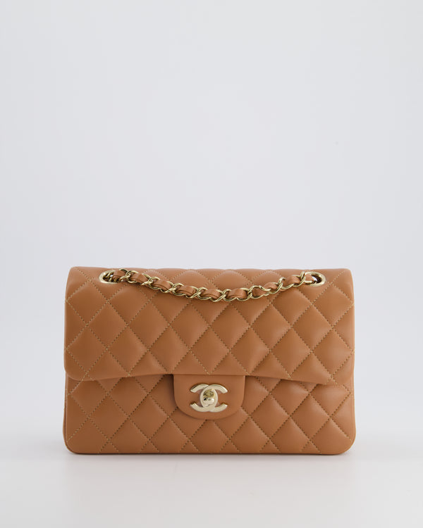 *SUPER RARE* Chanel 22S Caramel Brown Small Double Flap Bag in Lambskin Leather with Champagne Gold Hardware