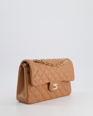 *SUPER RARE* Chanel 22S Caramel Brown Small Double Flap Bag in Lambskin Leather with Champagne Gold Hardware