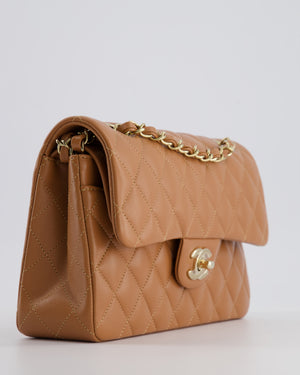 *SUPER RARE* Chanel 22S Caramel Brown Small Double Flap Bag in Lambskin Leather with Champagne Gold Hardware