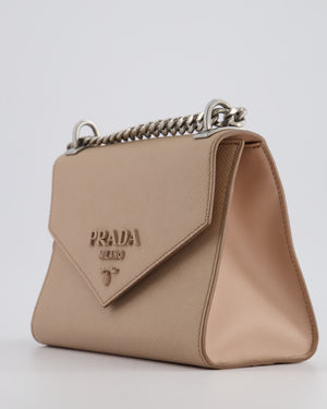 Prada Cipria Small Monochrome Envelope Flap Chain Shoulder Bag in Saffiano Cuir Calfskin with Brushed Silver Hardware