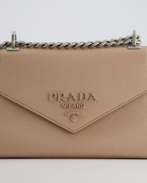 Prada Cipria Small Monochrome Envelope Flap Chain Shoulder Bag in Saffiano Cuir Calfskin with Brushed Silver Hardware