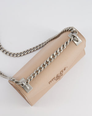 Prada Cipria Small Monochrome Envelope Flap Chain Shoulder Bag in Saffiano Cuir Calfskin with Brushed Silver Hardware