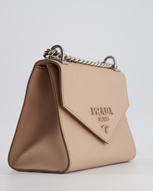 Prada Cipria Small Monochrome Envelope Flap Chain Shoulder Bag in Saffiano Cuir Calfskin with Brushed Silver Hardware