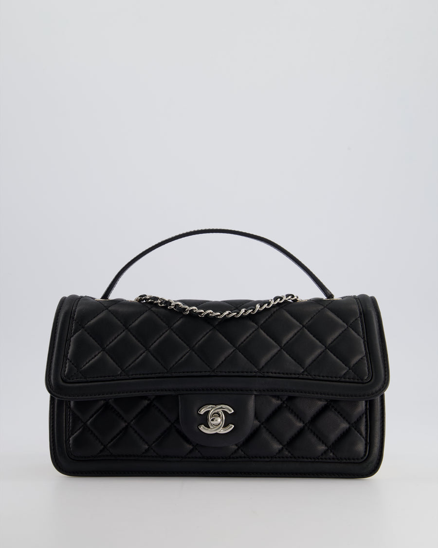 *RARE* Chanel Black, Ivory Accordion Single Flap Bag Lambskin Leather with Silver Hardware&nbsp;