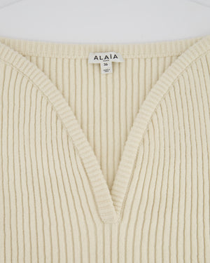 Alaïa Cream V-Neck Long Sleeve Knitted Jumper Size FR 36 (UK 8)