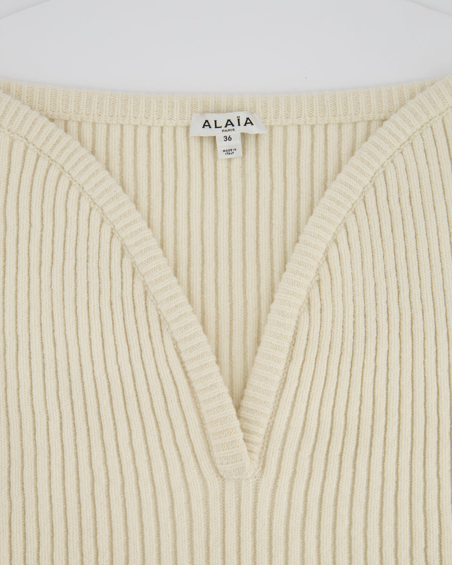 Alaïa Cream V-Neck Long Sleeve Knitted Jumper Size FR 36 (UK 8)