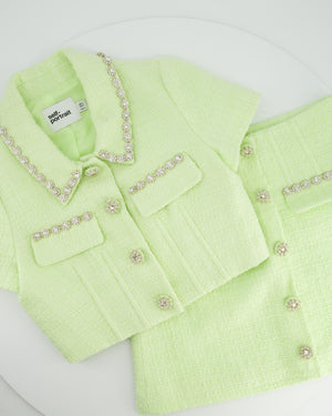 Self-Portrait Lime Green Cropped Short Sleeve Jacket and Skirt Tweed Set with Crystal Embellishment Details Size (UK 8)