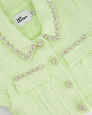 Self-Portrait Lime Green Cropped Short Sleeve Jacket and Skirt Tweed Set with Crystal Embellishment Details Size (UK 8)