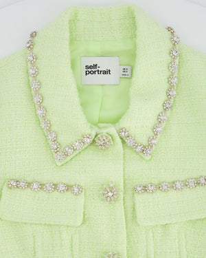 Self-Portrait Lime Green Cropped Short Sleeve Jacket and Skirt Tweed Set with Crystal Embellishment Details Size (UK 8)