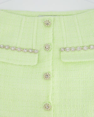 Self-Portrait Lime Green Cropped Short Sleeve Jacket and Skirt Tweed Set with Crystal Embellishment Details Size (UK 8)