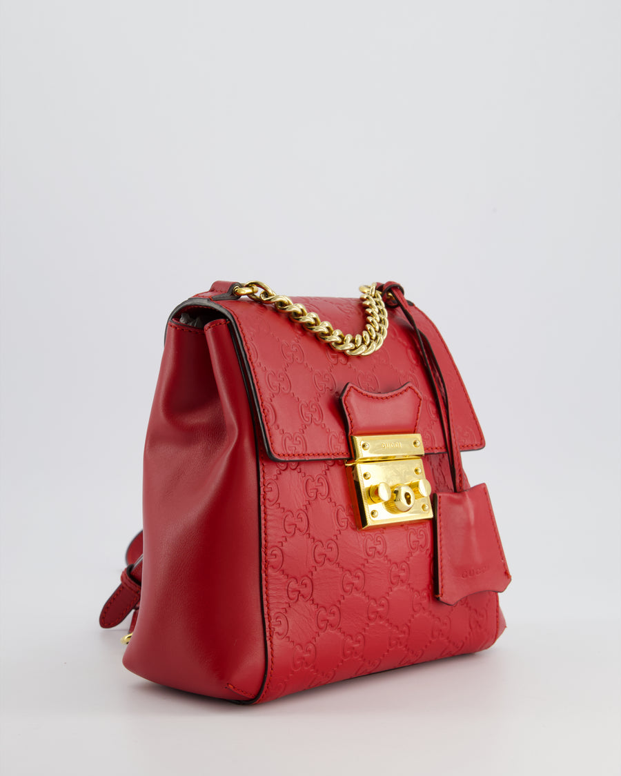 Gucci Guccissima GG Padlock Small Backpack Bag in Red Leather